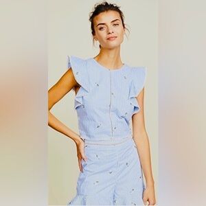 NWOT! J.O.A. Embroidered Blue & White Striped Floral Ruffle Set, Size M 💙
